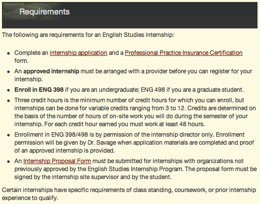 The Intership Qualifcations and Requirements web page now broken up into list elements.