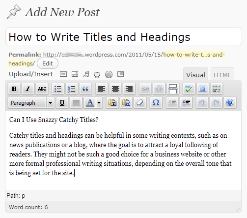 The WordPress WYSIWYG interface displaying sample text from this text with only paragraph formatting.